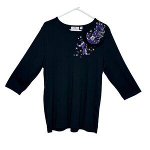 Quacker Factory Halloween Wicked Witch Shirt Top Size Lg Black Purple Bling FLAW